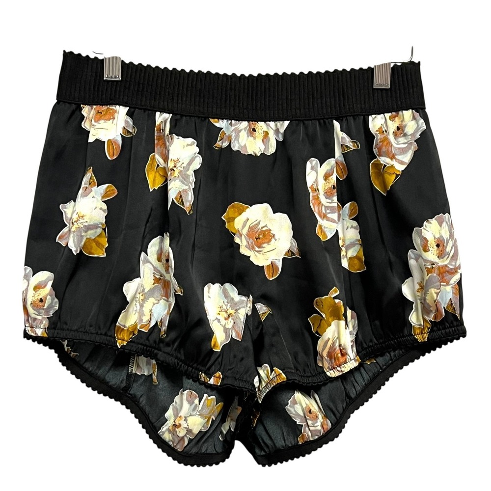 Anthropologie Sleep Shorts Small Black Floral‎ Satin High Waist Scallop Hem FLAW